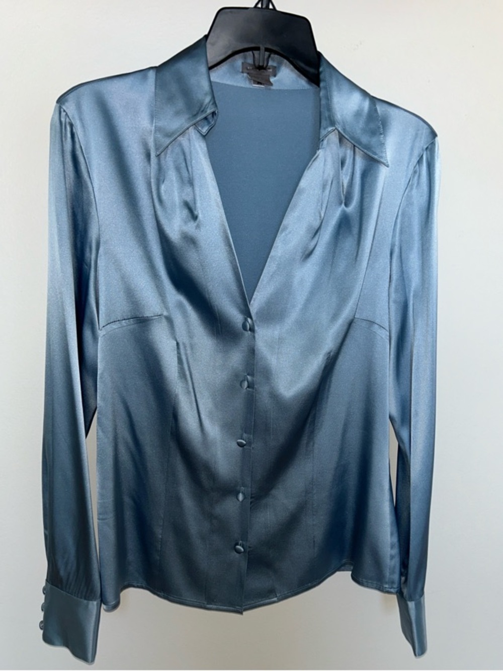 Ann Taylor Satin Button-Down Blouse in Steel Blue